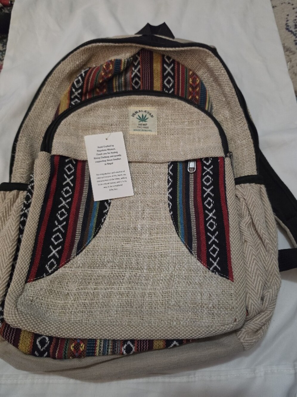 Himalayan Hemp Beige with Multicolor Tribal Accents Backpack Nwt L